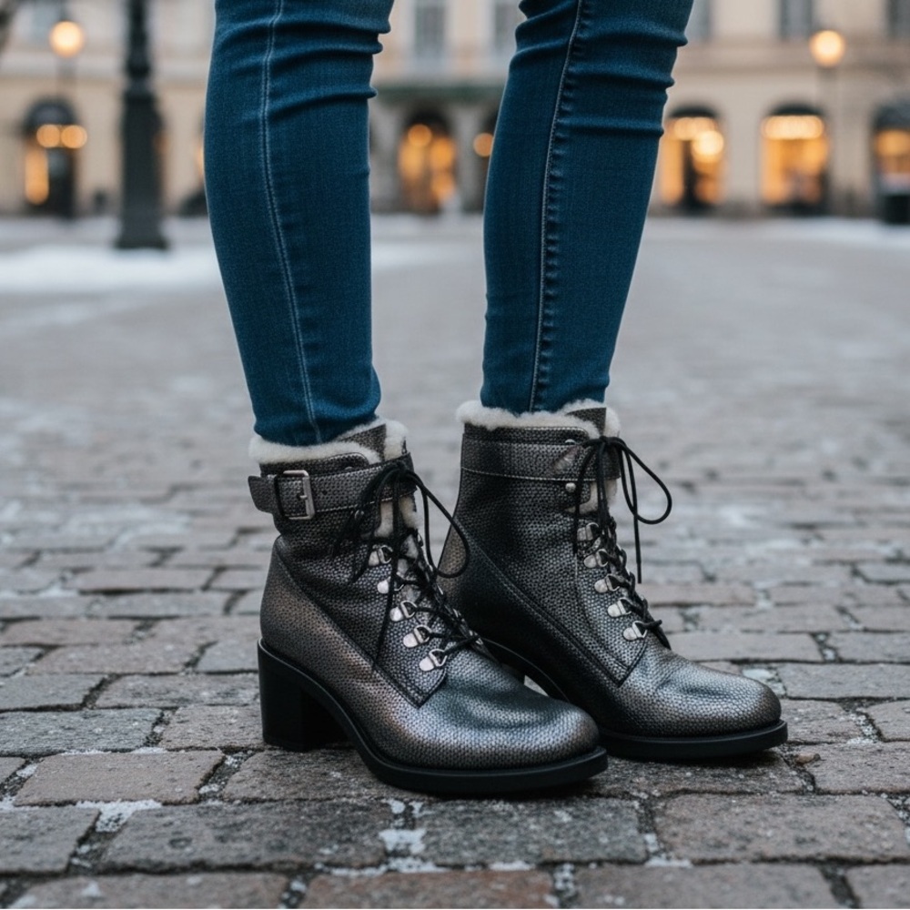 FREE LANCE Paris Shearling Lined Leather Combat Boots EU 39 Silver Metallic